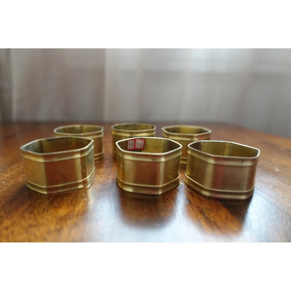 set of 6 vintage napkin ring hexagonal shape brass‎